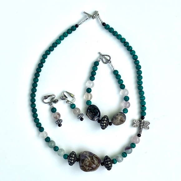 Dragonfly, Stone, and Faux Malachite Necklace, Bracelet, Clip-on Earring Set - Picture 1 of 11